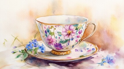 Watercolor Teacup with Delicate Flower Design
