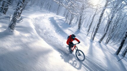 A snow biker racing through a snowy forest trail, leaving a path of churned snow behind