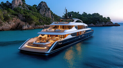 Fototapeta premium Luxurious yacht anchored in serene bay at sunset