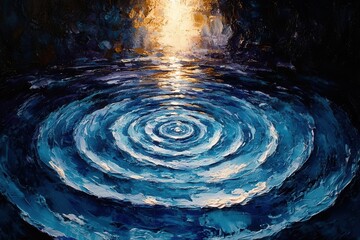 artful representation of concentric circles in a striking dark texture, with swirling tones of blue, purple, and white, creating a sense of movement and depth