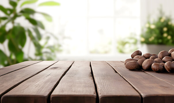 rustic wooden table surface in a living indoor plants room for displaying products with copy space for product photography or branding, small pubbles on table, softly blurred background