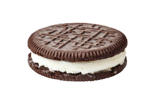A chocolate sandwich cookie with a creamy filling, featuring a textured outer layer.