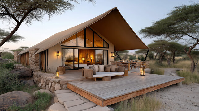Fototapeta Luxurious safari tent with wooden deck in serene savannah setting
