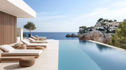 Obraz premium Luxurious poolside view with ocean and cliffside scenery