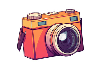 A stylized illustration of a vintage camera featuring a large lens and distinct controls, showcasing a vibrant orange color.