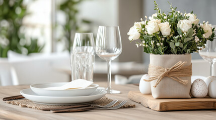 Elegant table setting with white flowers and glassware