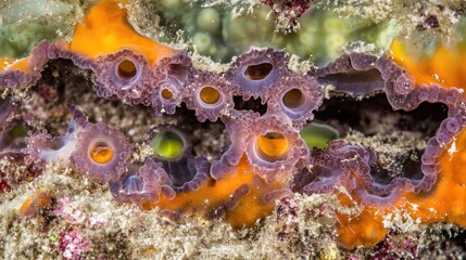 Fototapeta premium Close-up of vibrant orange and purple sea sponge with visible pores and texture on a sandy seabed.