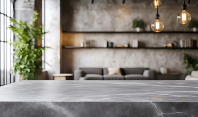 The gray marble table surface in the interior living room for displaying products with copyspace for product photography or branding.