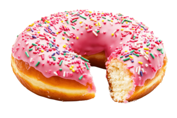 A round donut with pink icing and colorful sprinkles, partially taken out, showcasing its soft, fluffy texture.