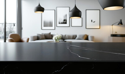 Black marble table surface in a modern interior living room for displaying products with copy space for product photography or branding, dropping pint lights from up and softly blurred background