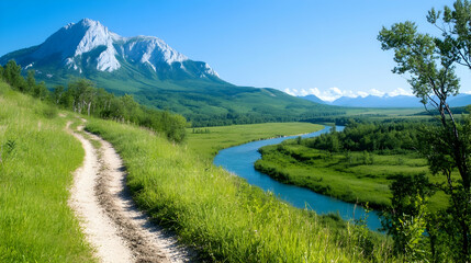 Obraz premium Winding dirt road alongside a turquoise river, leading towards majestic mountains under a clear blue sky.