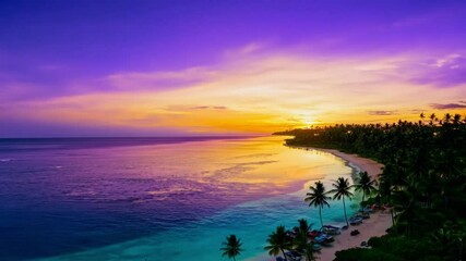 Beautiful sunset beach. Palm trees on sandy beach the sea, colorful sky, tropical landscape, relaxing beach. generative ai - Powered by Adobe
