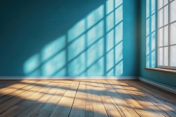 bright turquoise wall with wooden flooring, enhanced by intriguing light glare from a window, creating a vibrant yet calming interior background ideal for presentations and creativity