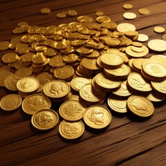 A vast treasure trove of glistening gold coins scattered across a wooden surface, creating a scene of wealth and abundance.