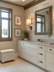 Elegant Bathroom Vanity With Stone Tile And Window View