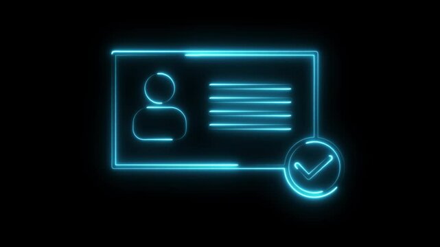 People with NID card verify icon, profile verify account neon icon animation Isolated on Black Background
