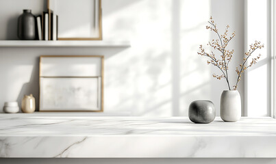 White marble table surface in a modern living room plant pot on the table for displaying products with copyspace for product photography or branding, softly blurred background