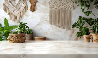 Obraz premium White marble table surface in a modern living room plant pot on the table for displaying products with copyspace for product photography or branding, softly blurred background