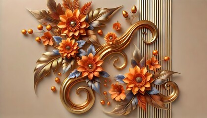 3D wall art arrangement with flowers in sunset orange tones, highlighted by rich bronze metallic leaves
