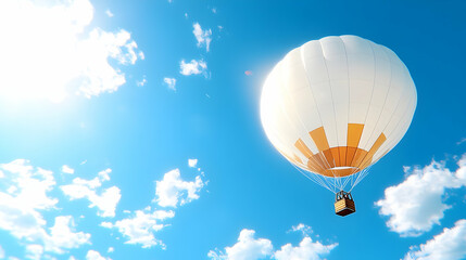 Fototapeta premium White and gold hot air balloon soars in sunny blue sky with fluffy white clouds.