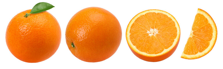 Orange fruit with leaves, half and slices isolated, Orange fruit macro studio photo, transparent PNG, collection, PNG format