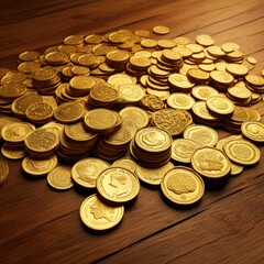 A vast treasure trove of glistening gold coins scattered across a wooden surface, creating a scene of wealth and abundance.