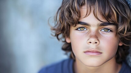 Naklejka premium Young Boy with Beautiful Freckles and Striking Green Eyes Gazing Thoughtfully at Camera