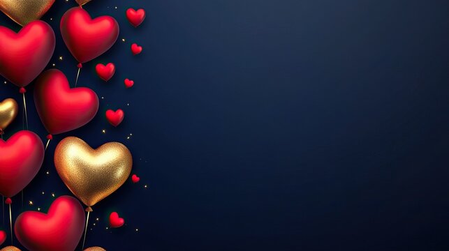 Dark blue background with golden hearts and red heart balloons, perfect for Valentine's Day celebration banner, poster, or greeting card template design