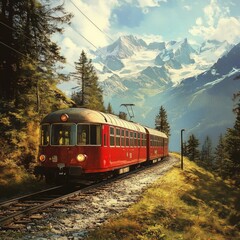 Obraz premium Historic red train journeying through swiss alps scenic landscape