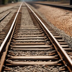 Fototapeta premium A pair of parallel train tracks stretching into the distance, with gravel ballast and wooden ties visible in the foreground.