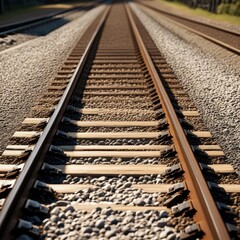 A pair of parallel train tracks stretching into the distance, with gravel ballast and wooden ties visible in the foreground.
