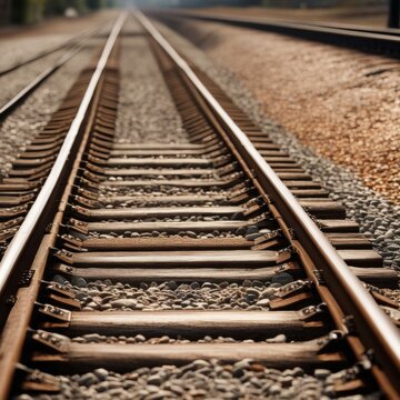 A pair of parallel train tracks stretching into the distance, with gravel ballast and wooden ties visible in the foreground.