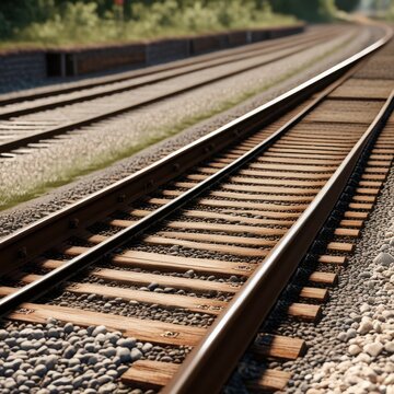 A pair of parallel train tracks stretching into the distance, with gravel ballast and wooden ties visible in the foreground.