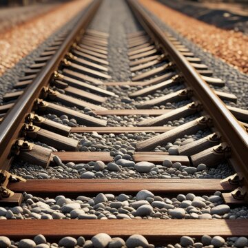 A pair of parallel train tracks stretching into the distance, with gravel ballast and wooden ties visible in the foreground.