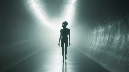 Alien silhouette walking down a hallway with light in the background. Fantasy wallpaper, science and space technology advancement.