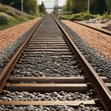 A pair of parallel train tracks stretching into the distance, with gravel ballast and wooden ties visible in the foreground.