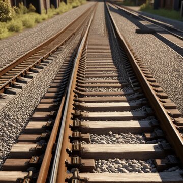 A pair of parallel train tracks stretching into the distance, with gravel ballast and wooden ties visible in the foreground.