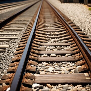 A pair of parallel train tracks stretching into the distance, with gravel ballast and wooden ties visible in the foreground.
