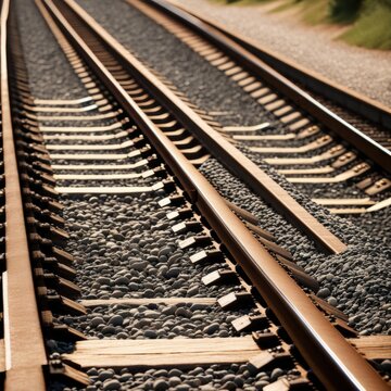 A pair of parallel train tracks stretching into the distance, with gravel ballast and wooden ties visible in the foreground.