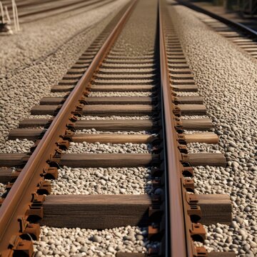 A pair of parallel train tracks stretching into the distance, with gravel ballast and wooden ties visible in the foreground.