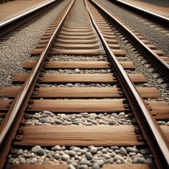 Obraz premium A pair of parallel train tracks stretching into the distance, with gravel ballast and wooden ties visible in the foreground.