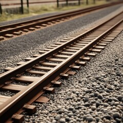 Naklejka premium A pair of parallel train tracks stretching into the distance, with gravel ballast and wooden ties visible in the foreground.