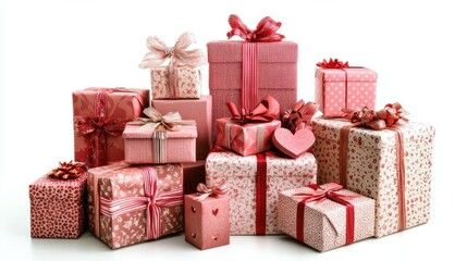 Obraz premium Stack of beautiful gifts on white background. Valentine's Day celebration
