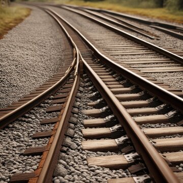 A pair of parallel train tracks stretching into the distance, with gravel ballast and wooden ties visible in the foreground.