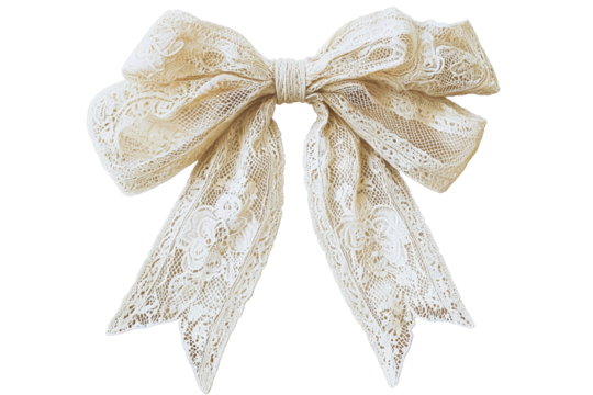A delicate lace bow featuring intricate designs and flowing ribbons, perfect for embellishing gifts or outfits.