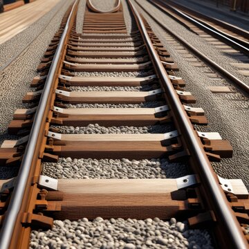 A pair of parallel train tracks stretching into the distance, with gravel ballast and wooden ties visible in the foreground.