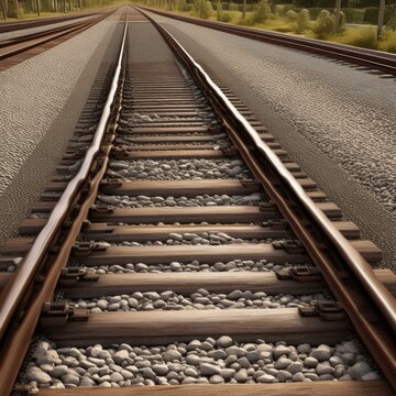 A pair of parallel train tracks stretching into the distance, with gravel ballast and wooden ties visible in the foreground.