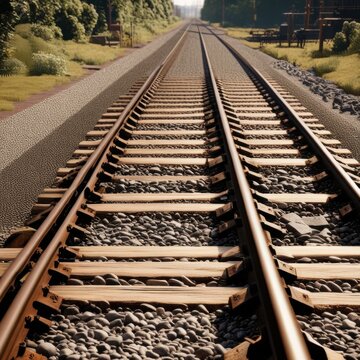 A pair of parallel train tracks stretching into the distance, with gravel ballast and wooden ties visible in the foreground.