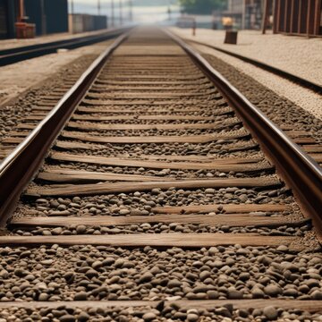 A pair of parallel train tracks stretching into the distance, with gravel ballast and wooden ties visible in the foreground.