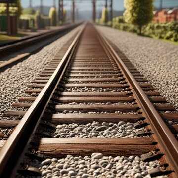 A pair of parallel train tracks stretching into the distance, with gravel ballast and wooden ties visible in the foreground.